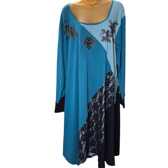 Soft Focus Shirt Dress Midi Floral Print Lace Long Sleeve 2X 26/28 Teal Black - Picture 1 of 6